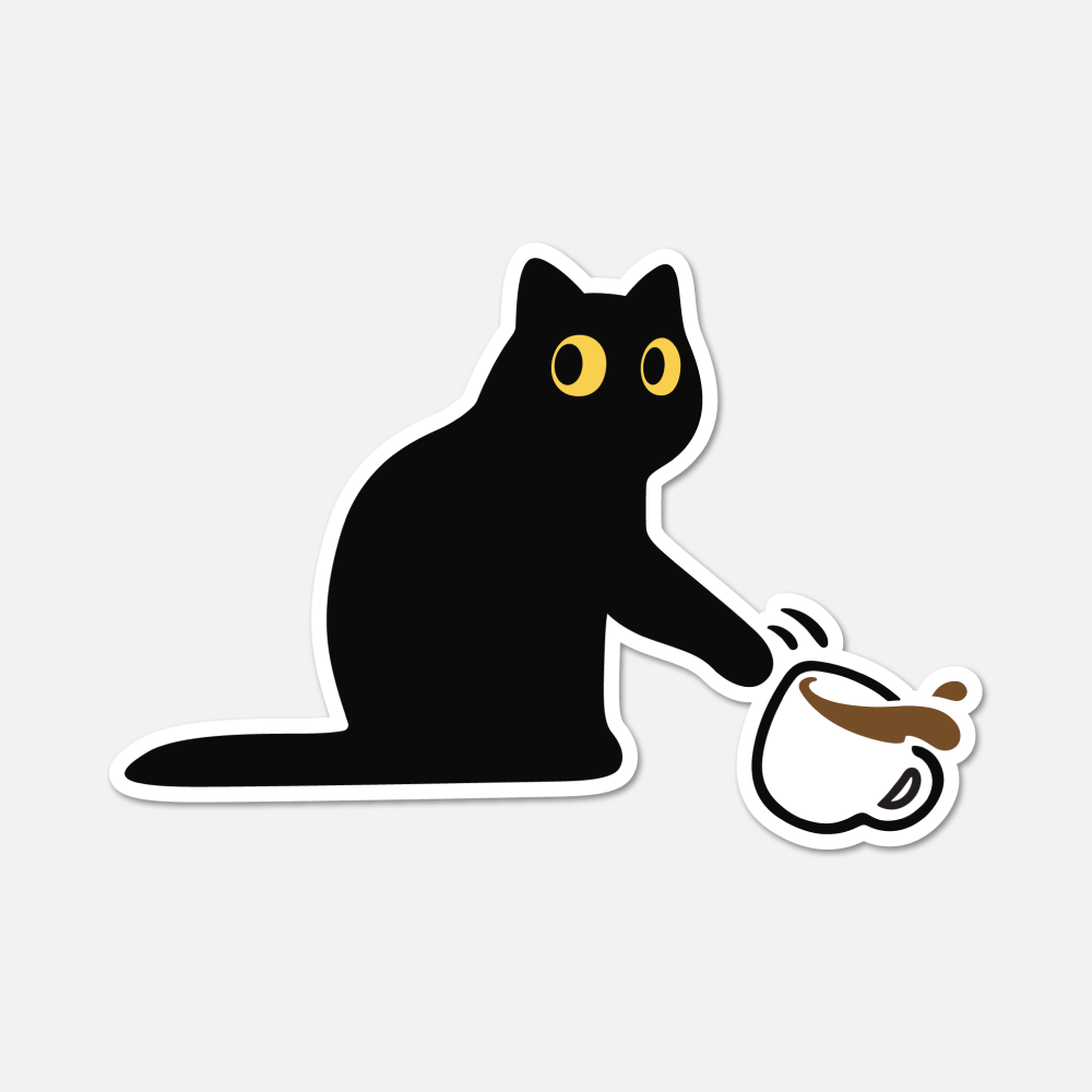 Mischievous Black Cat Knocking Over Coffee Sticker - Cat Sticker - The Mail and More Store