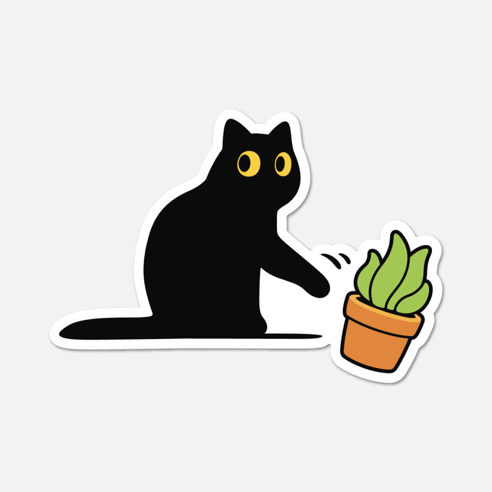 Black Cat Knocking Over A Plant - Cat Sticker - The Mail and More Store
