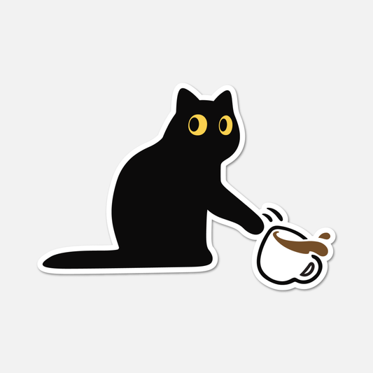 Mischievous Black Cat Knocking Over Coffee Sticker - Cat Sticker - The Mail and More Store