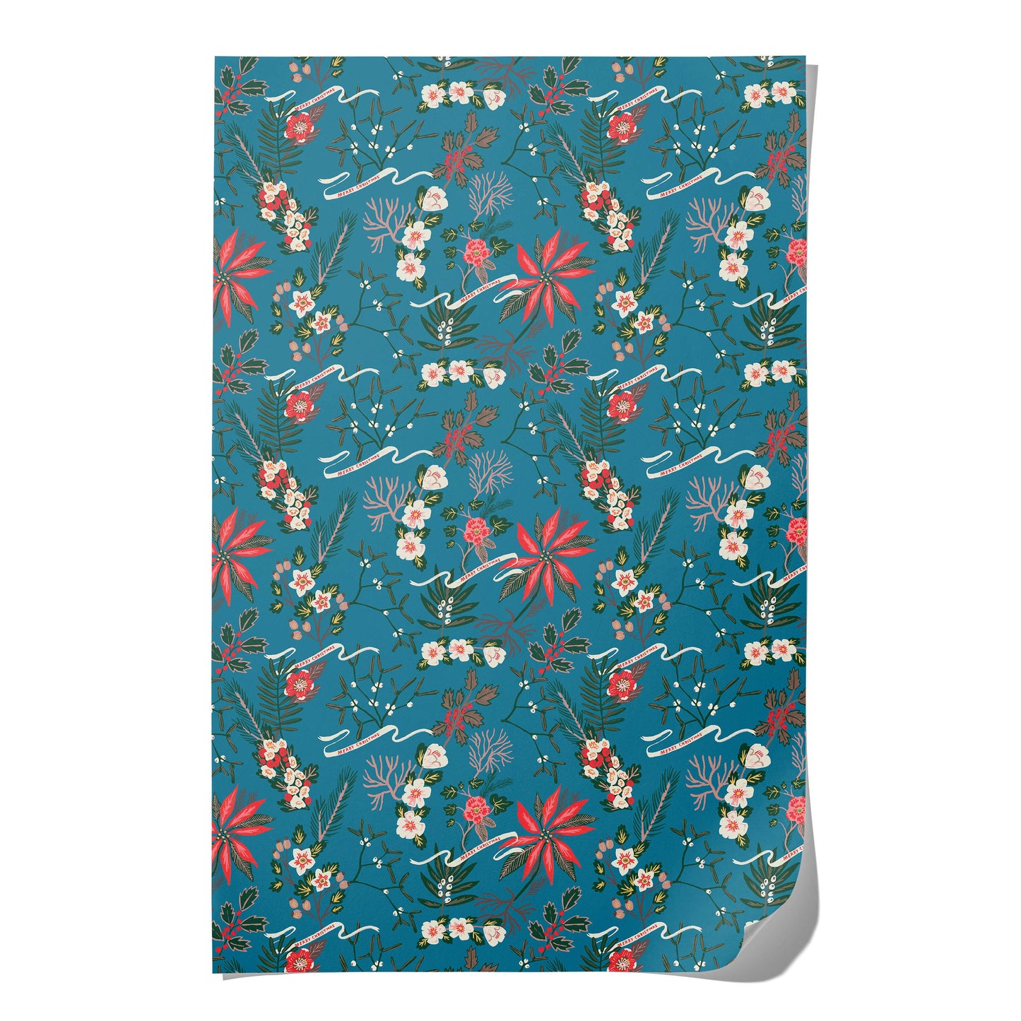 Blue Poinsettia holiday wrapping paper: Rolls of 3 sheets