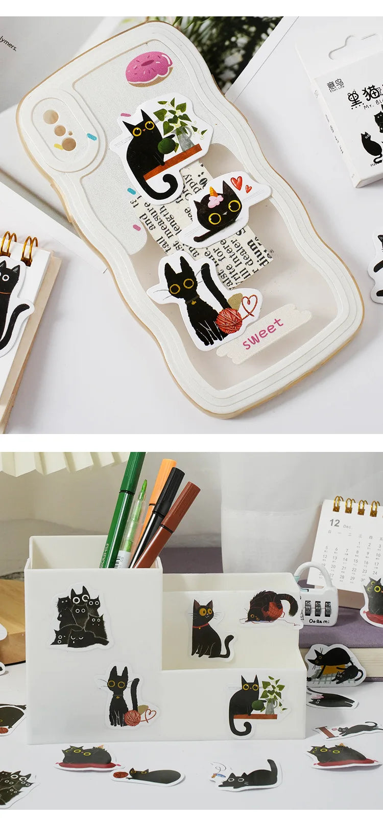 Mr. Paper 46pcs /Box Kawaii Black Cat Stickers Items Decoration DIY Handbook Stickers Boxed Cute Stickers Korean Stationery