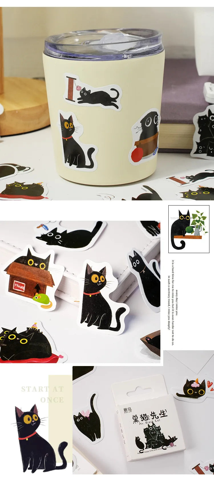 Mr. Paper 46pcs /Box Kawaii Black Cat Stickers Items Decoration DIY Handbook Stickers Boxed Cute Stickers Korean Stationery