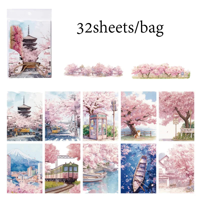 Japanese Sakura Travel Theme Scrapbook Paper Set - 32 Beautiful Sheets for Journal Crafting & Planner Decoration