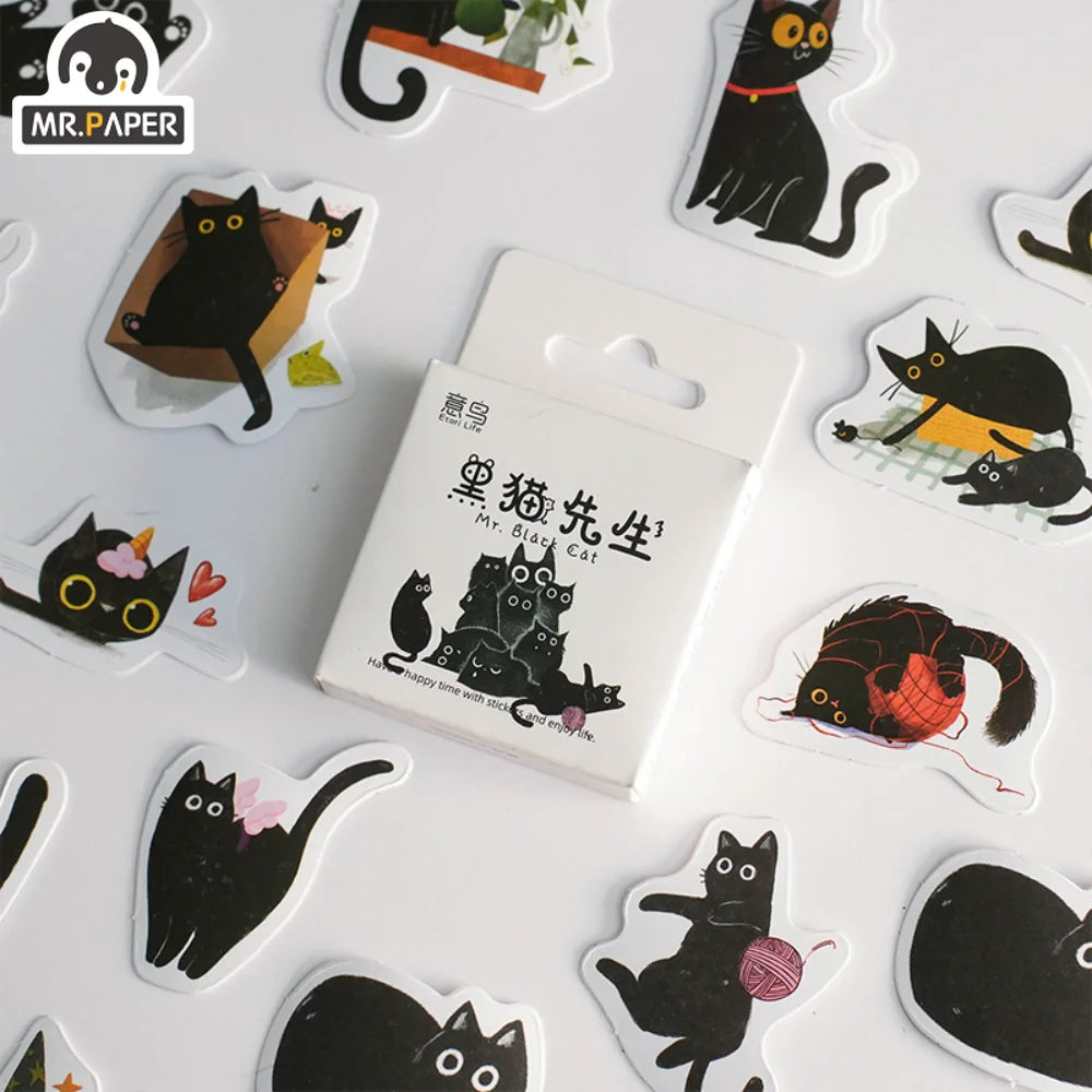 Mr. Paper 46pcs /Box Kawaii Black Cat Stickers Items Decoration DIY Handbook Stickers Boxed Cute Stickers Korean Stationery