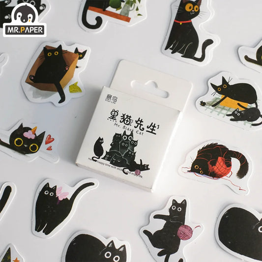 Mr. Paper 46pcs /Box Kawaii Black Cat Stickers Items Decoration DIY Handbook Stickers Boxed Cute Stickers Korean Stationery