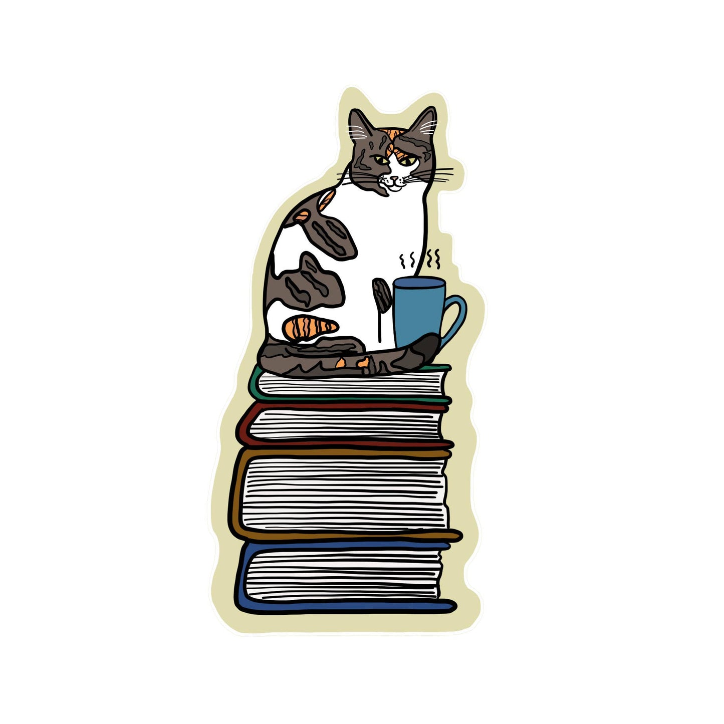 Book Cat with Coffee Sticker Tea Reading Book Literature