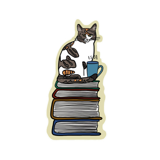 Book Cat with Coffee Sticker Tea Reading Book Literature