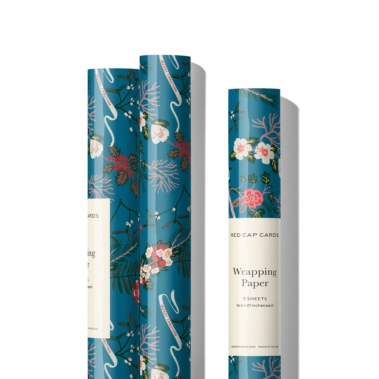 Blue Poinsettia holiday wrapping paper: Rolls of 3 sheets