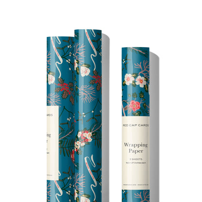 Blue Poinsettia holiday wrapping paper: Rolls of 3 sheets